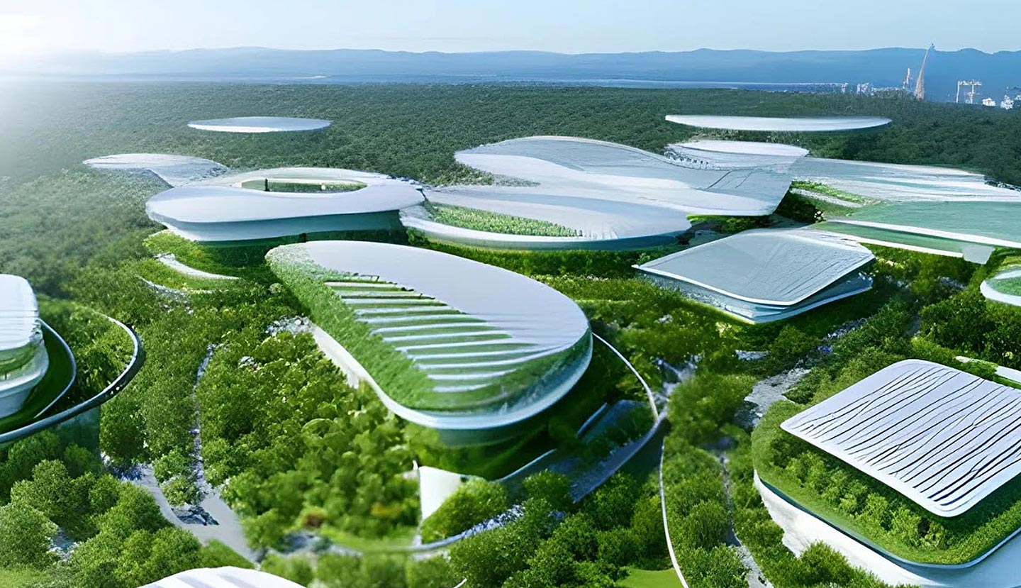 Gelişmiş yapı teknolojileriyle donatılmış, modern ve sürdürülebilir akıllı şehirlerin görseli.