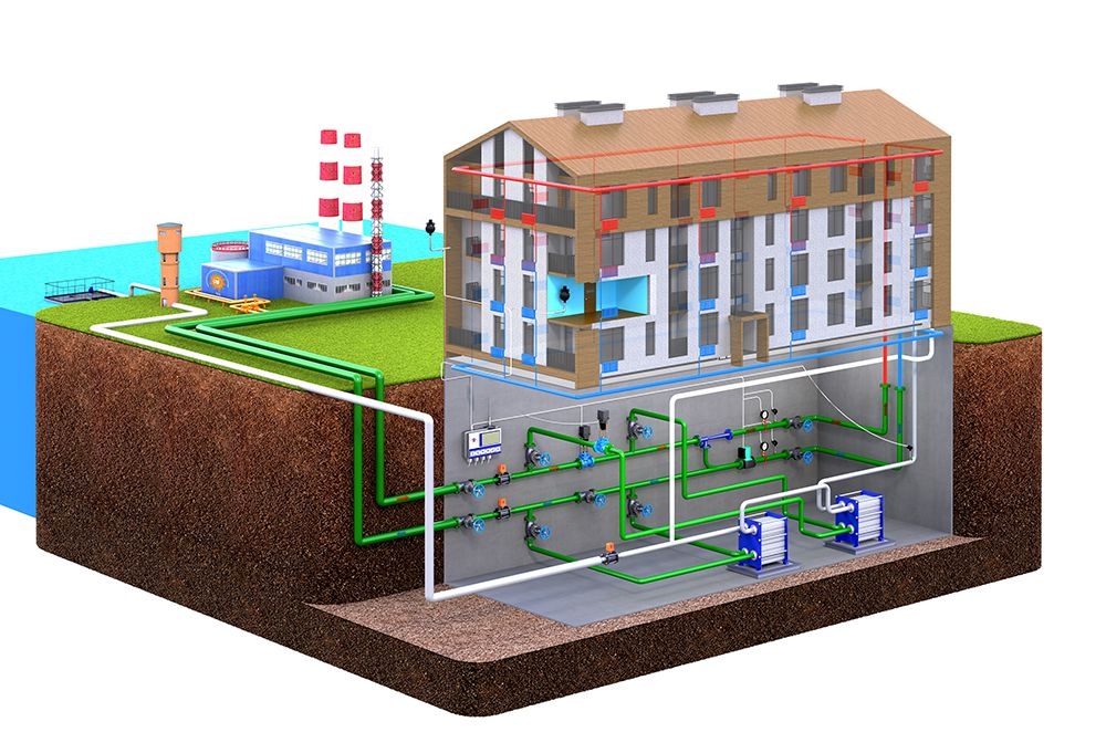 Bir evde farklı ısıtma sistemleri kullanılarak ısınma yöntemleri gösteriliyor; kombi, radyatörler ve yerden ısıtma sistemleri görülebilir.