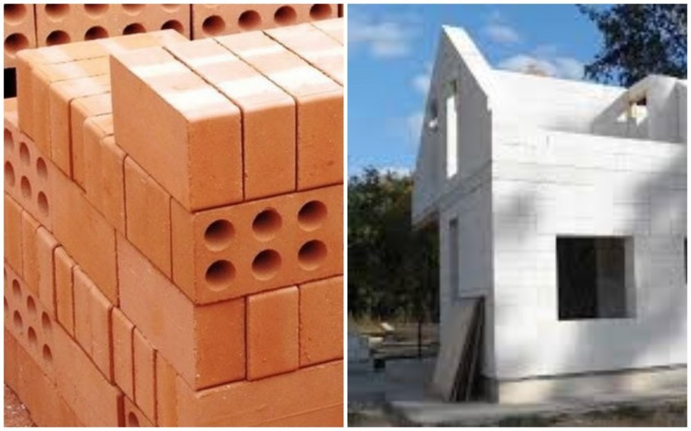 Yanyana dizilmiş klasik kırmızı tuğlalar ve açık renkli gazbeton bloklar