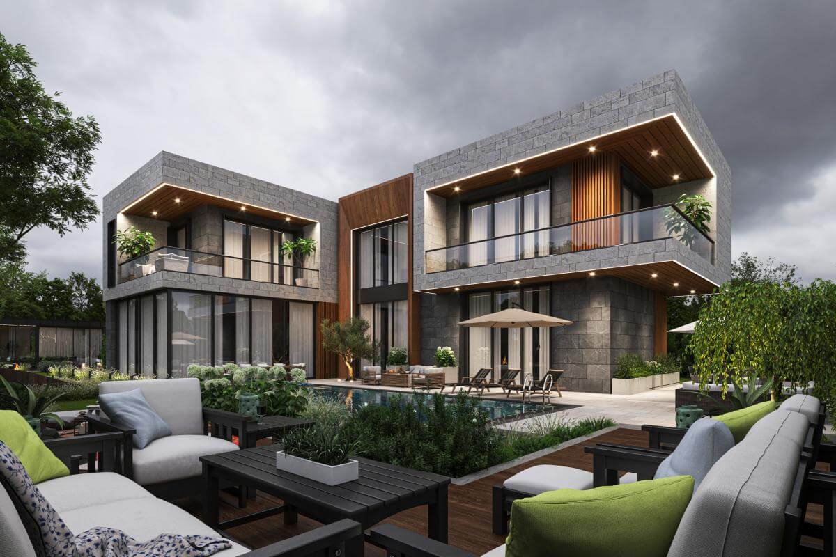 Ümitköy’de modern ve şık mobilyalarla döşenmiş, geniş pencereleriyle ferah bir lüks konutun oturma odası.