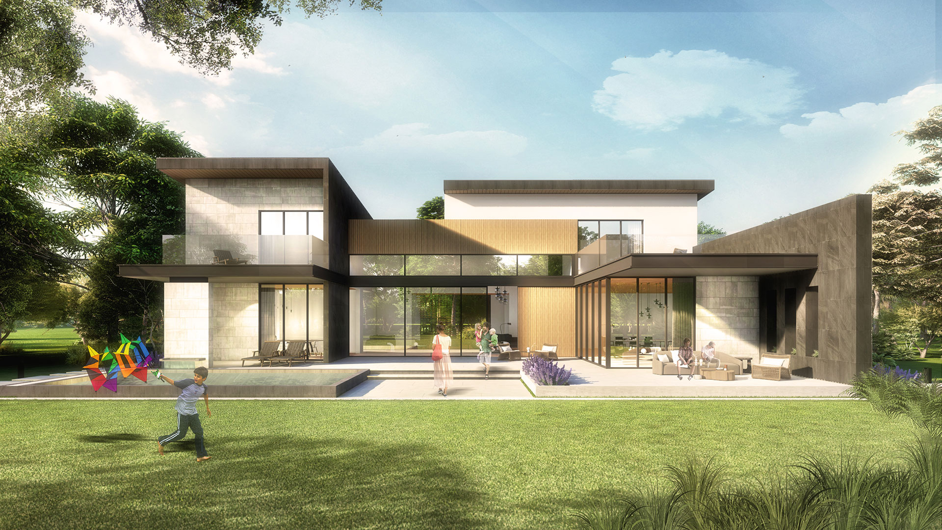 Alacaatlı Mimarlık Ofisi tarafından tasarlanan modern konut projesinin mimari çizimleri ve perspektif görselleştirmesi.