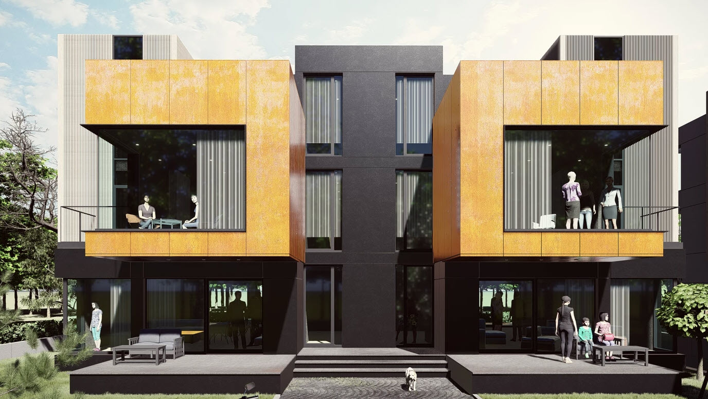 Alacaatlı Mimarlık Ofisi tarafından tasarlanan modern villa örneklerinin mimari çizimleri ve dış cephe görselleştirmesi.