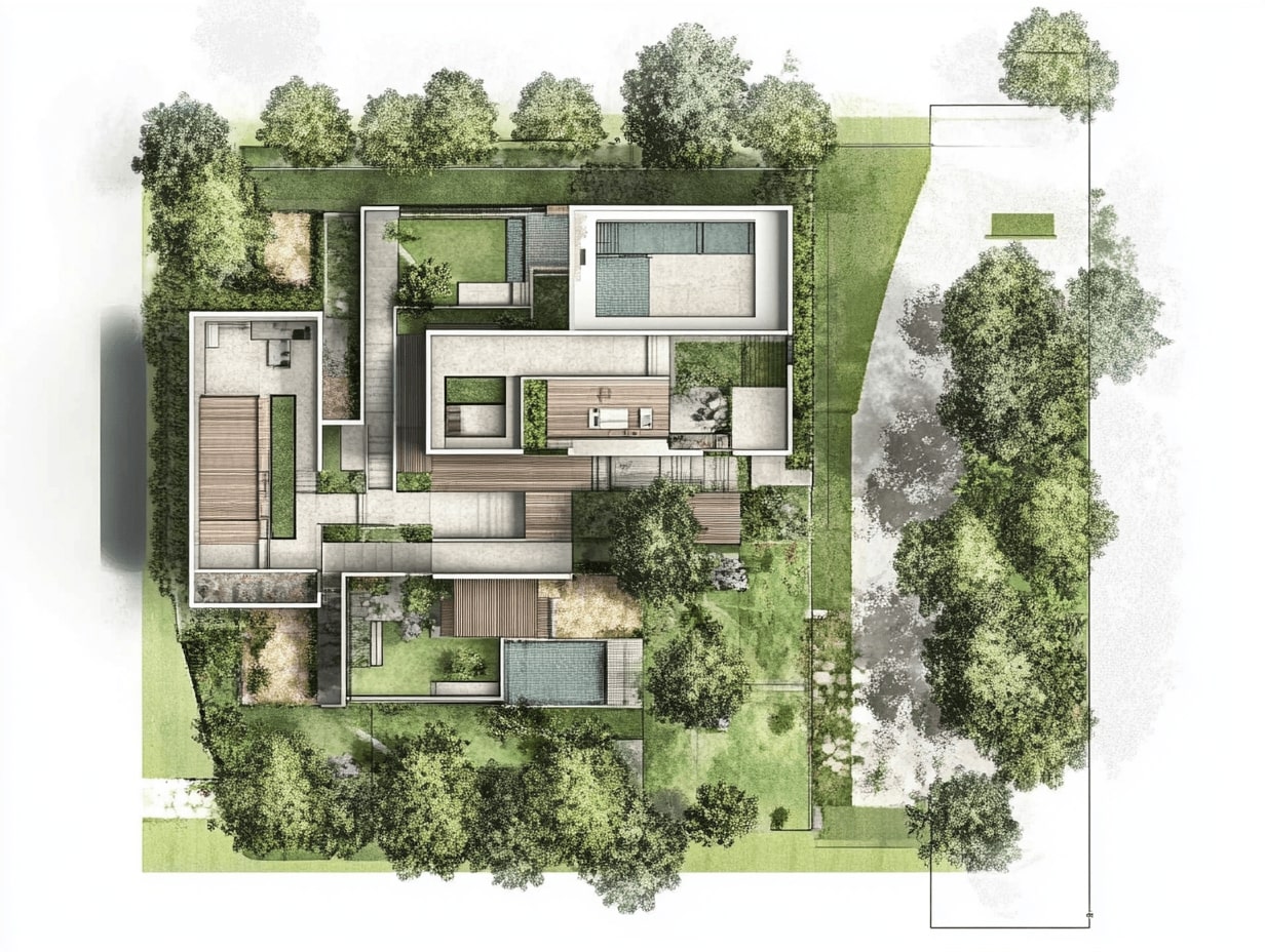 Arsa üzerine villa çizimi için mimarlık ofisi seçim sürecini gösteren çizim, plan ve toplantı görselleştirmesi.