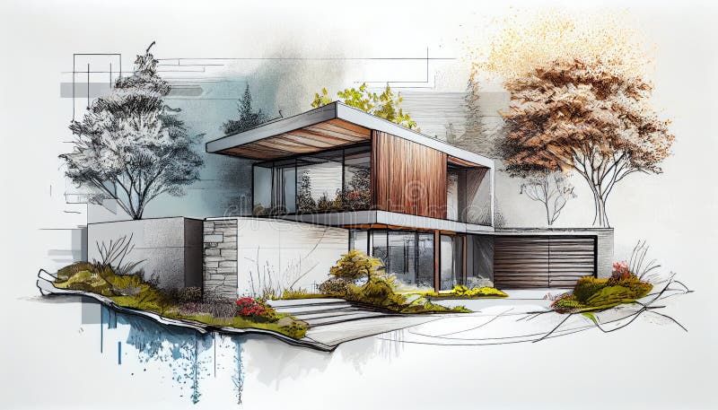 Modern çizgilere sahip, geniş cam cepheli, ferah bir konut tasarımı üzerinde çalışan mimar masa başında proje planlarını inceliyor.