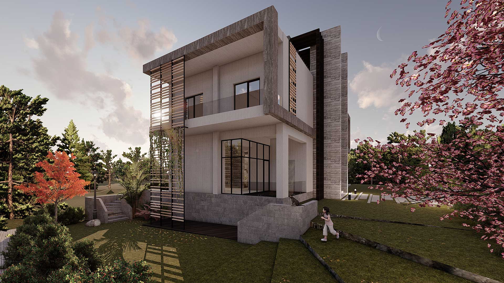 Çayyolu’nda modern çizgilerle tasarlanmış bir villa projesinin dış cephe ve mimari plan görünümü.