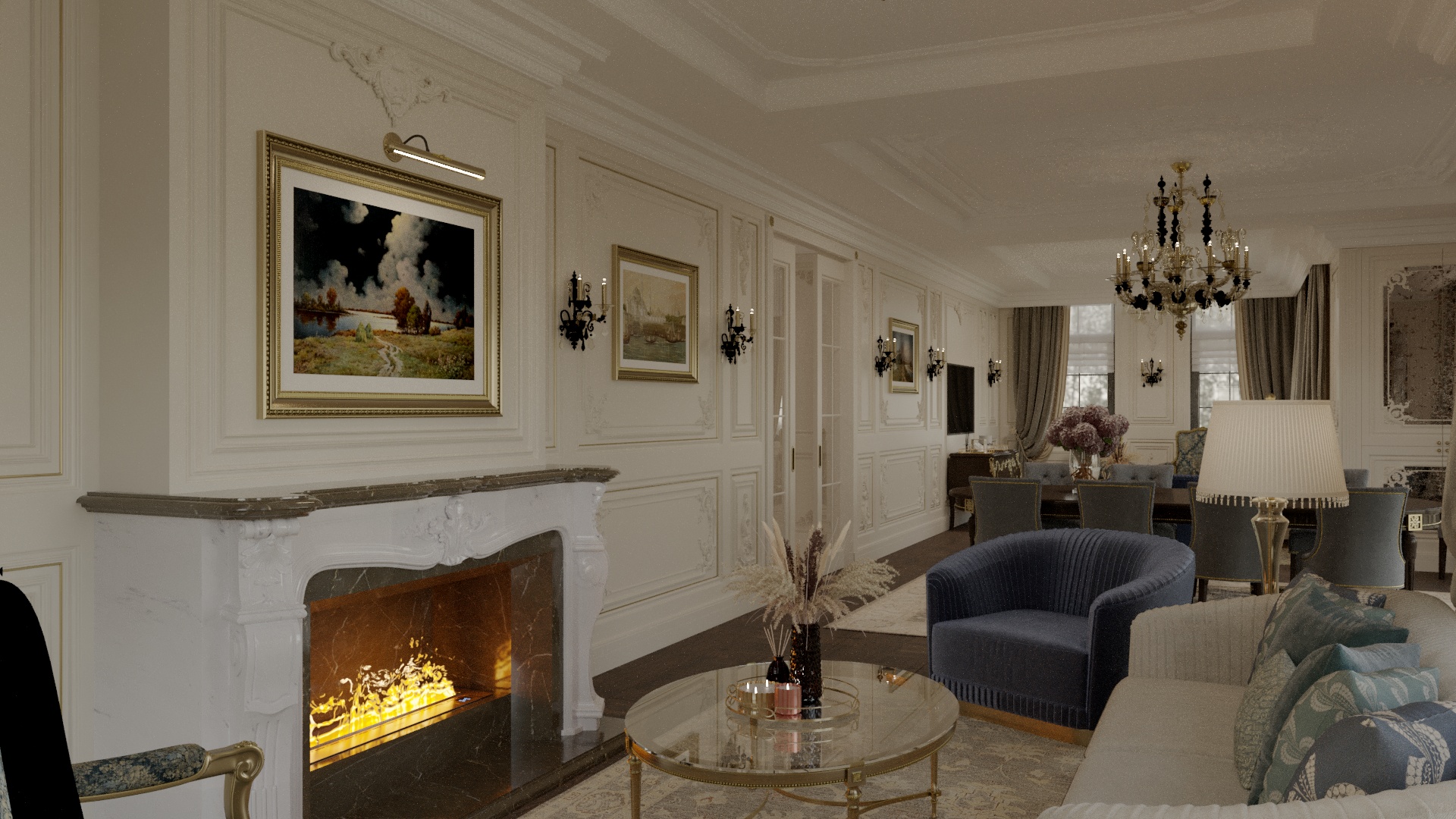 Çayyolu villasında modern iç mimarlık trendlerini yansıtan salon ve yaşam alanı tasarımı.