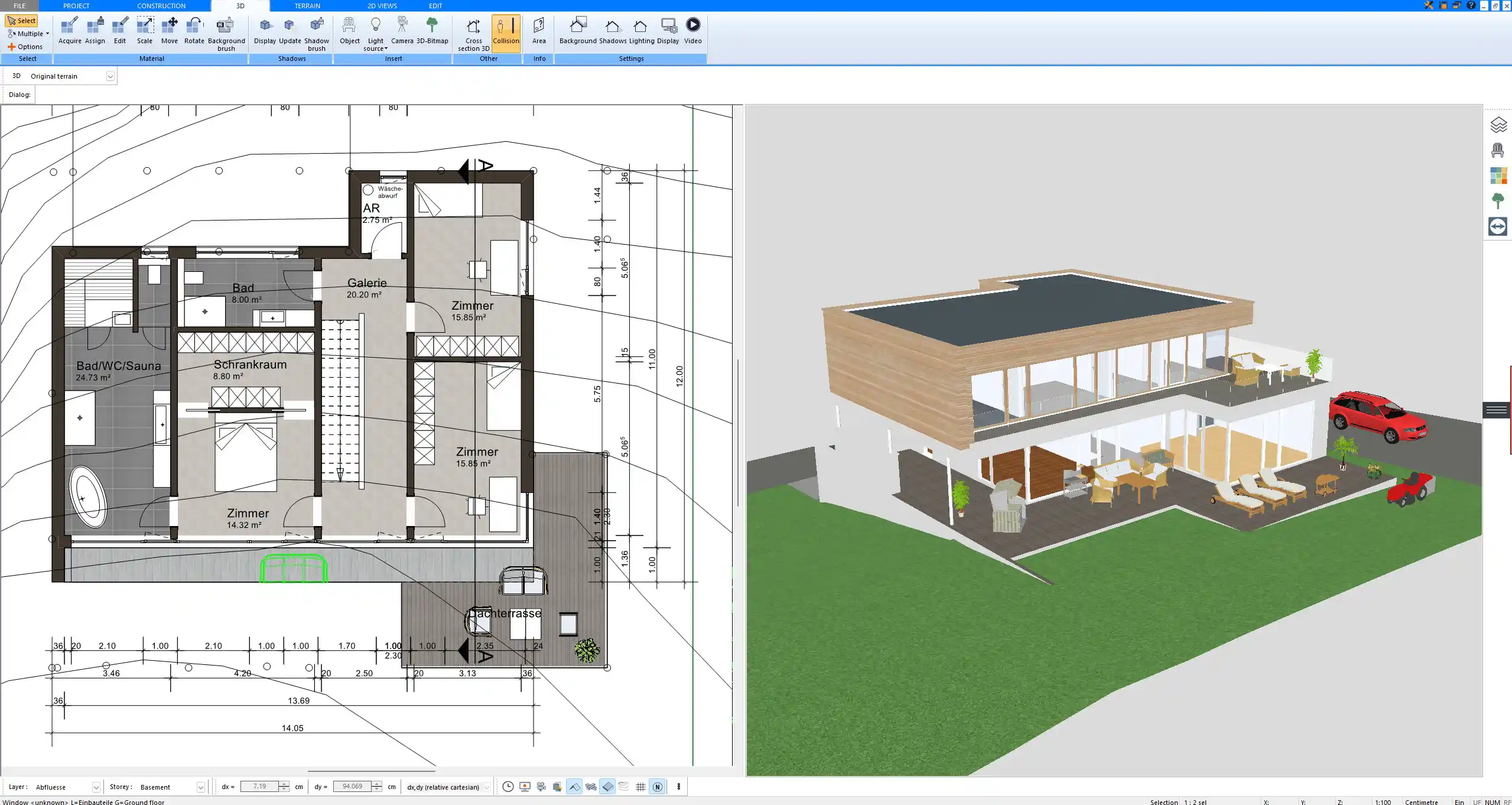 Villa projesi çiziminde 3D tasarımın kullanımını gösteren görselleştirilmiş mimari model ve perspektif görselleri.