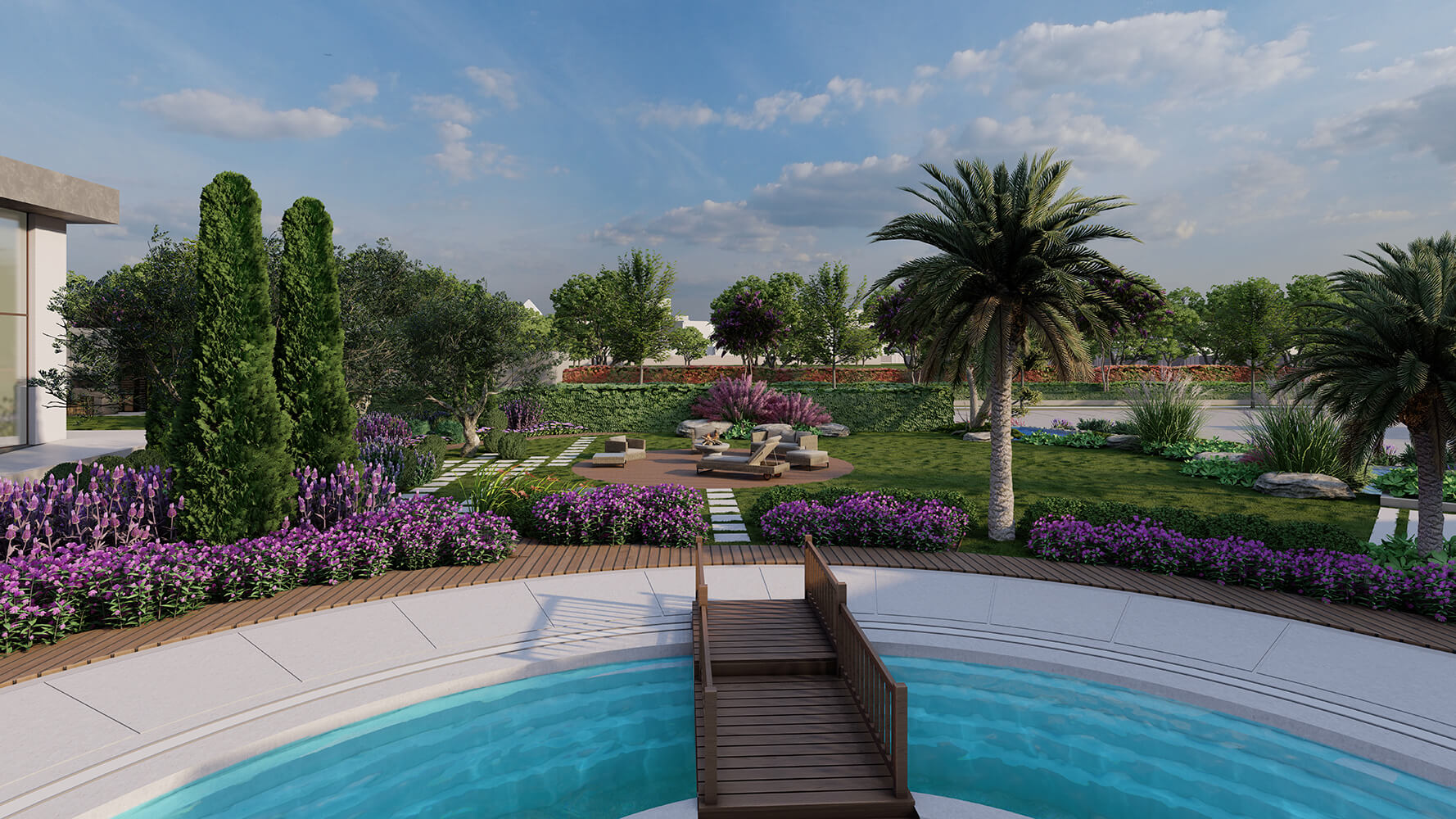 Beytepe’de, üniversite kampüslerine yakın konumda, çevresi ağaçlarla çevrili modern villalar ve arka planda kampüs binaları.