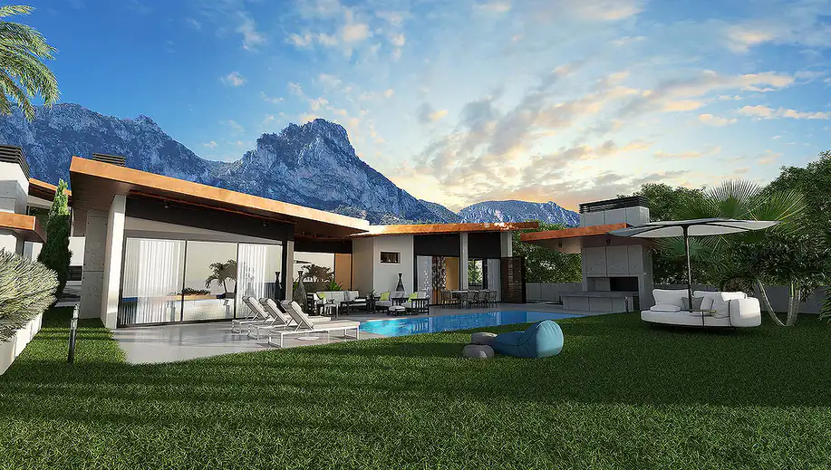 Çayyolu ve Ümitköy’de yer alan, geniş cam cepheli, havuzlu ve modern mimariye sahip lüks villa tasarımlarının genel görünümü.