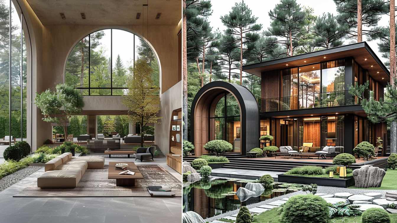 Gölbaşı’nda yemyeşil doğanın içinde, geniş bahçeli, modern mimariye sahip müstakil villaların gün batımı manzarası eşliğinde görünümü.