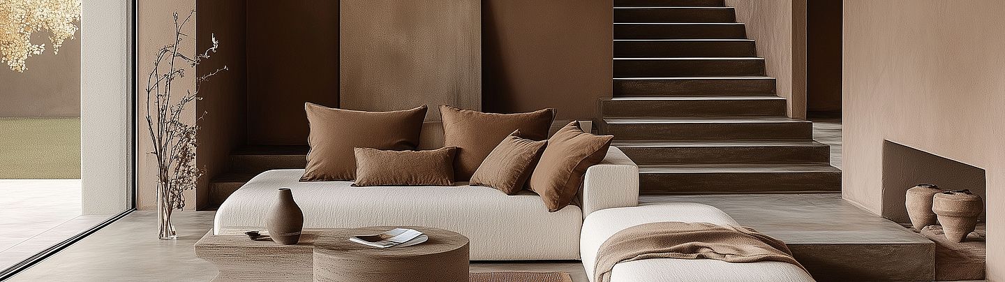 Ümitköy ve Çayyolu’nda bir villanın iç mekânında, modern çizgilere sahip salon tasarımı, geniş camlar, doğal tonlar ve şık mobilyalar.