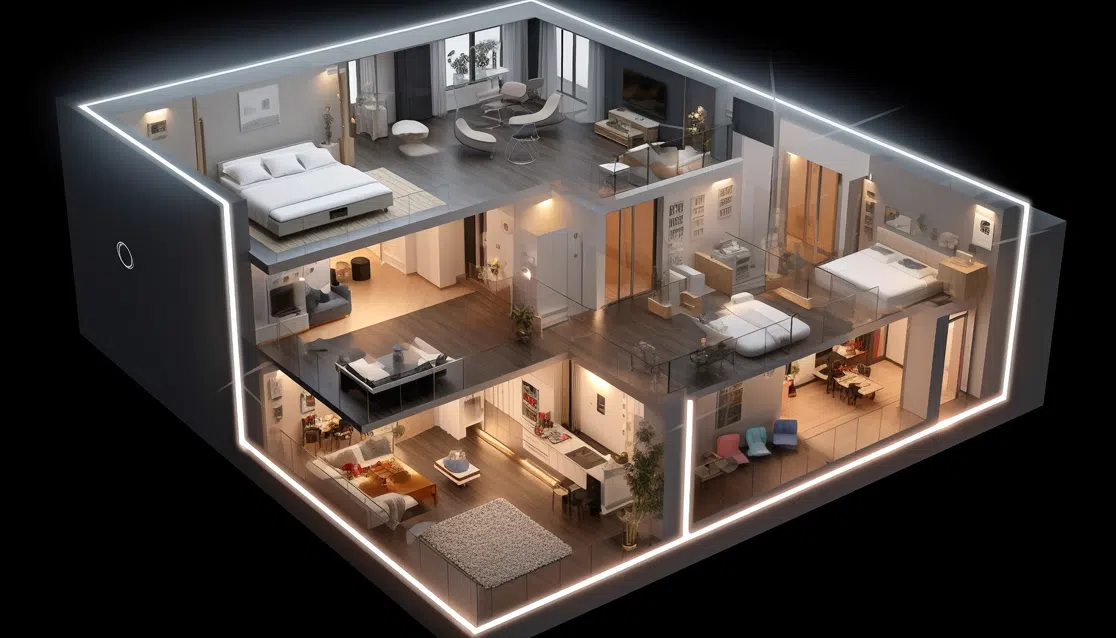 Corona Renderer kullanılarak tasarlanmış, doğal gün ışığı alan ve yüksek detaylı malzeme dokularına sahip modern bir mimari iç mekan görselleştirmesi.