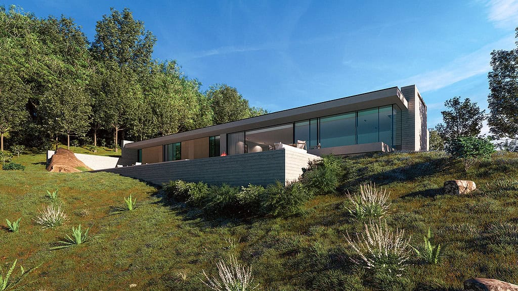 Gerçekçi ışıklandırmaya sahip bir mimari proje görseli ve Lumion programında hazırlanmış dış mekân render sahnesi.