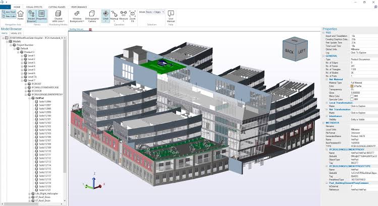 Bir bilgisayar ekranında üç boyutlu bina modeli, kat planları ve yapı bileşenlerinin birlikte görüntülendiği Revit tabanlı BIM çalışma ekranı.