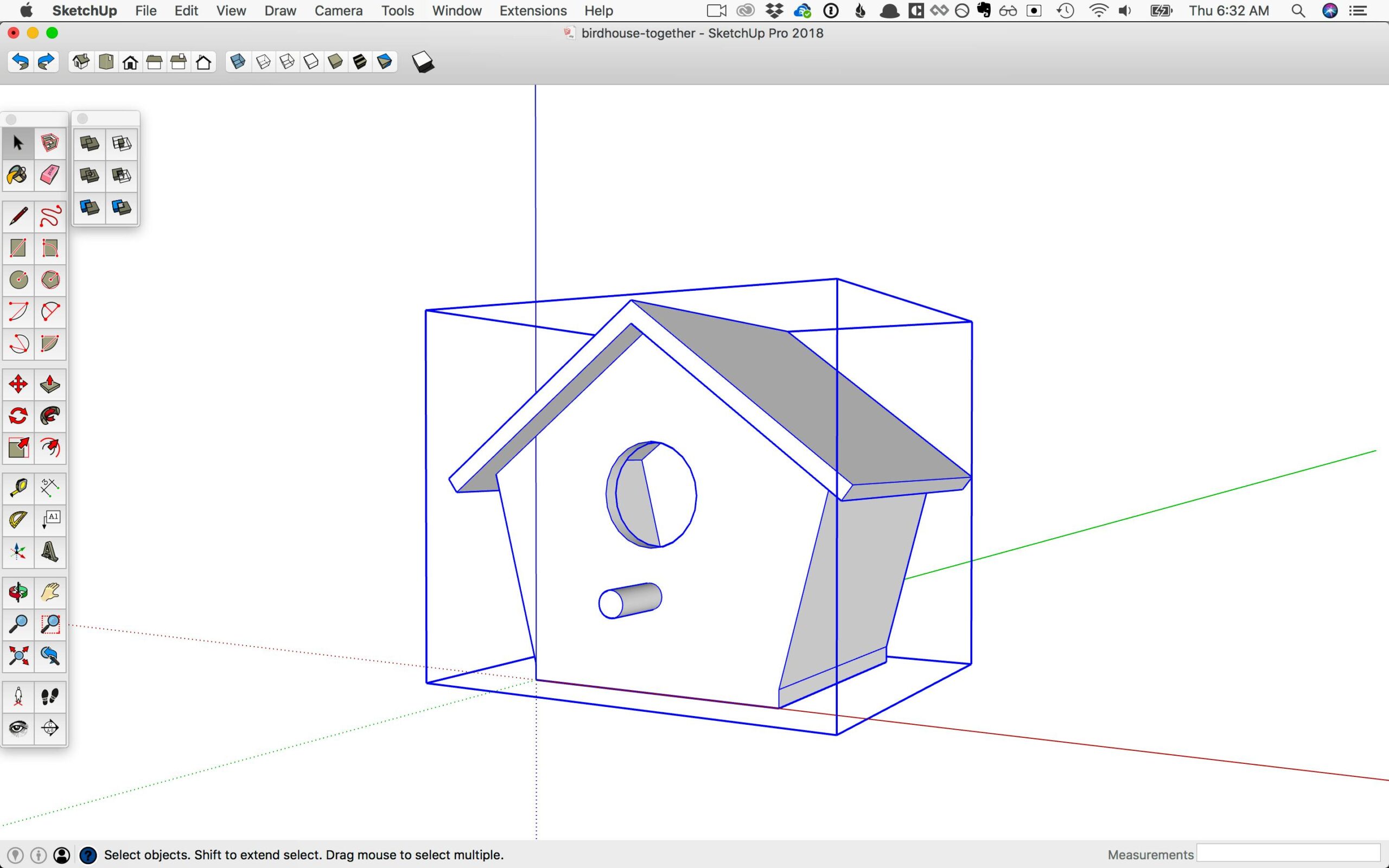 3D bir yapı modelinin bilgisayar ekranında SketchUp programı üzerinde oluşturulmuş hali ve temel modelleme araçlarının göründüğü çalışma alanı.