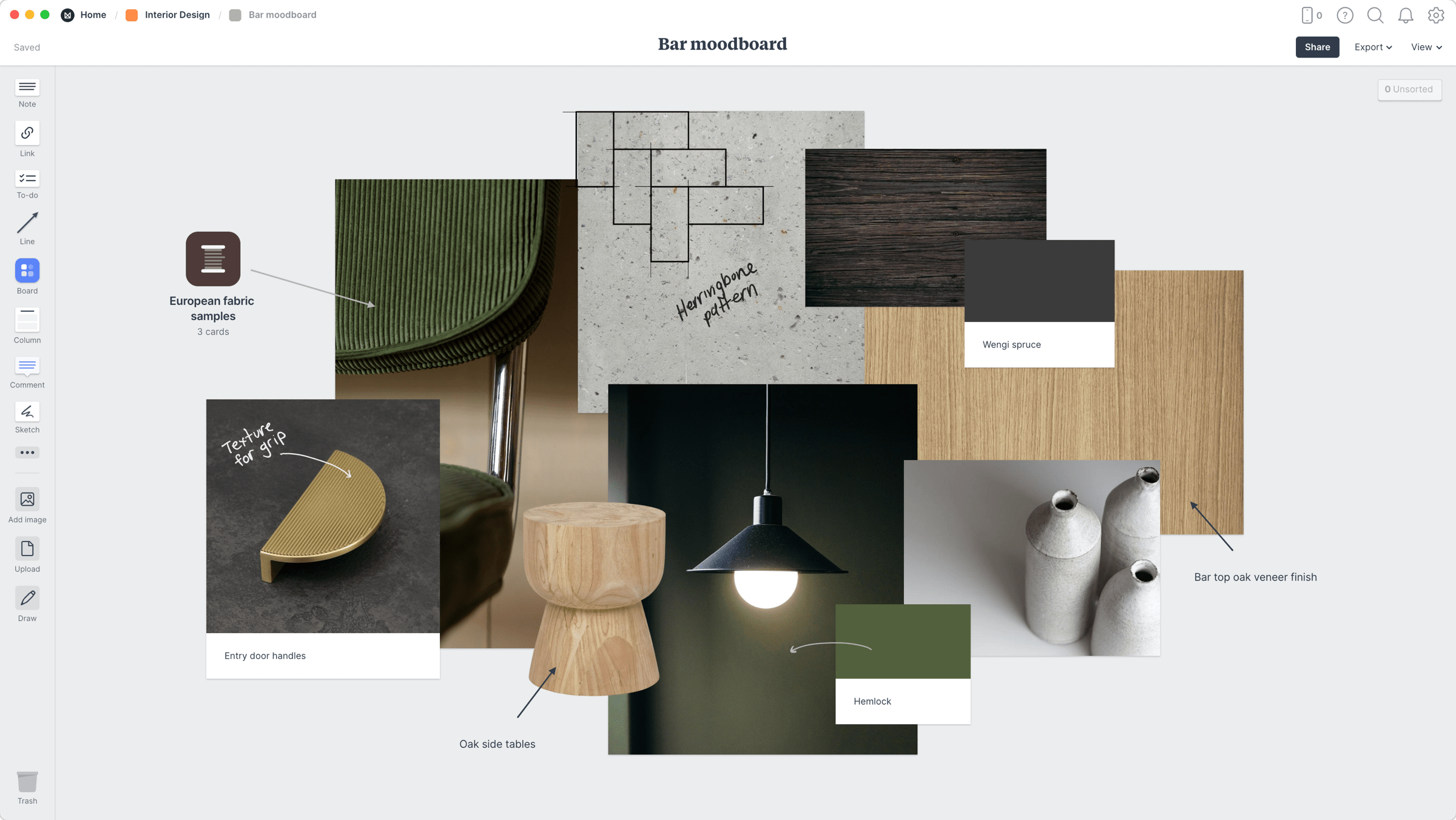 Renk, doku, malzeme ve mobilya örneklerinden oluşan mimari moodboard çalışması